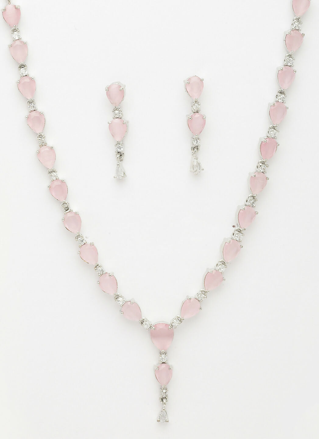 NVR Women's Silver-Plated Pink CZ-Studded Handcrafted Jewellery Set | Grocsy