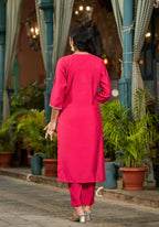 Juniper Women's Fuchsia Floral Printed Viscose Kurta Pant And Dupatta Set With Zari Work | Grocsy