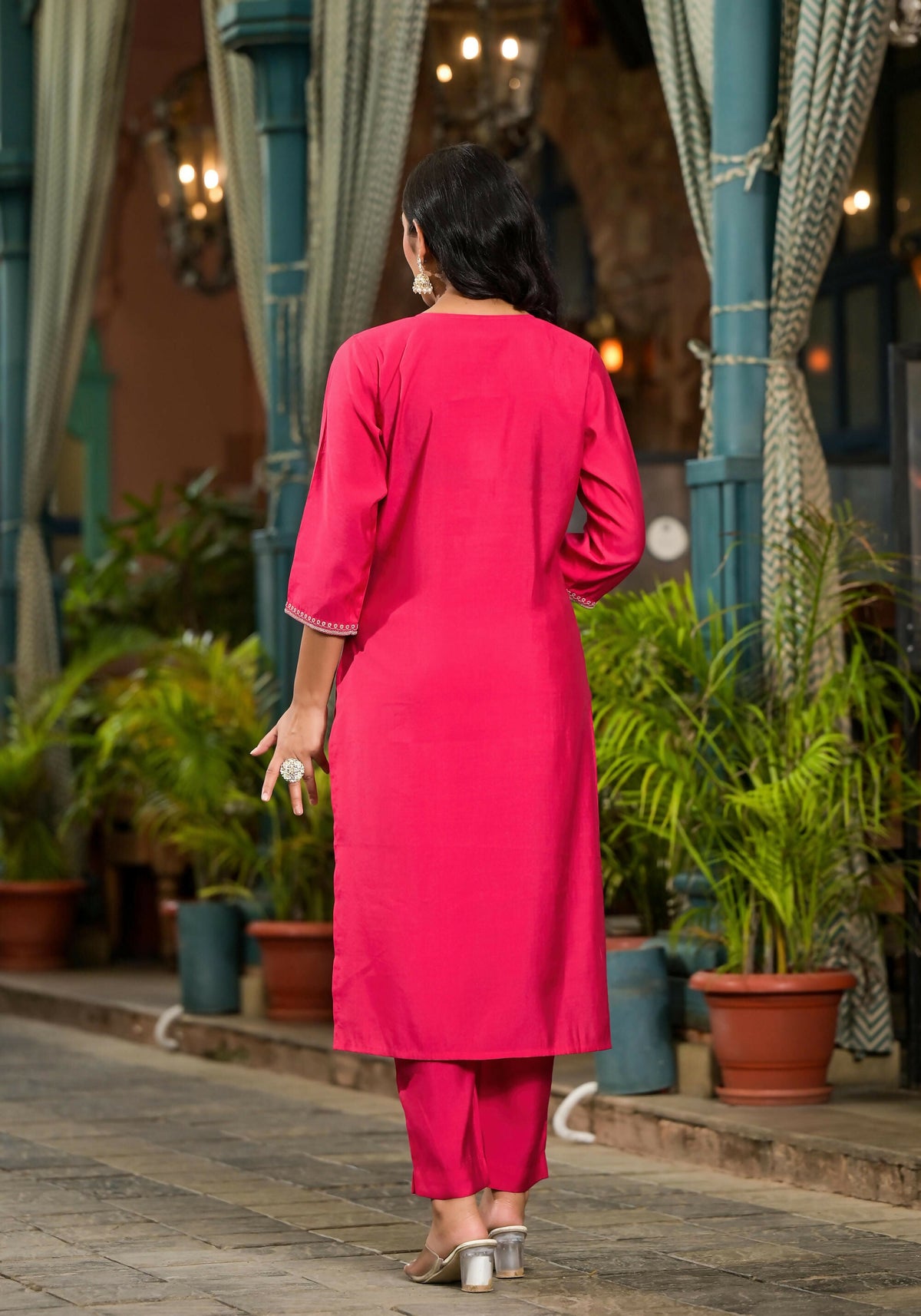 Juniper Women's Fuchsia Floral Printed Viscose Kurta Pant And Dupatta Set With Zari Work | Grocsy