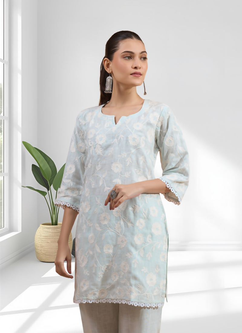 Joban Fashion Sky Blue Linen Embroidered Readymade Cord Set | Grocsy