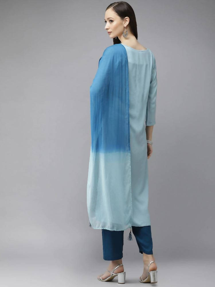 Yufta Women Blue Embroidered Thread Work Kurta with Palazzo & With Dupatta | Grocsy
