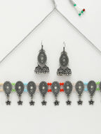 NVR Women's Silver-Plated Choke Oxidized Necklace with Jhumka Earrings | Grocsy