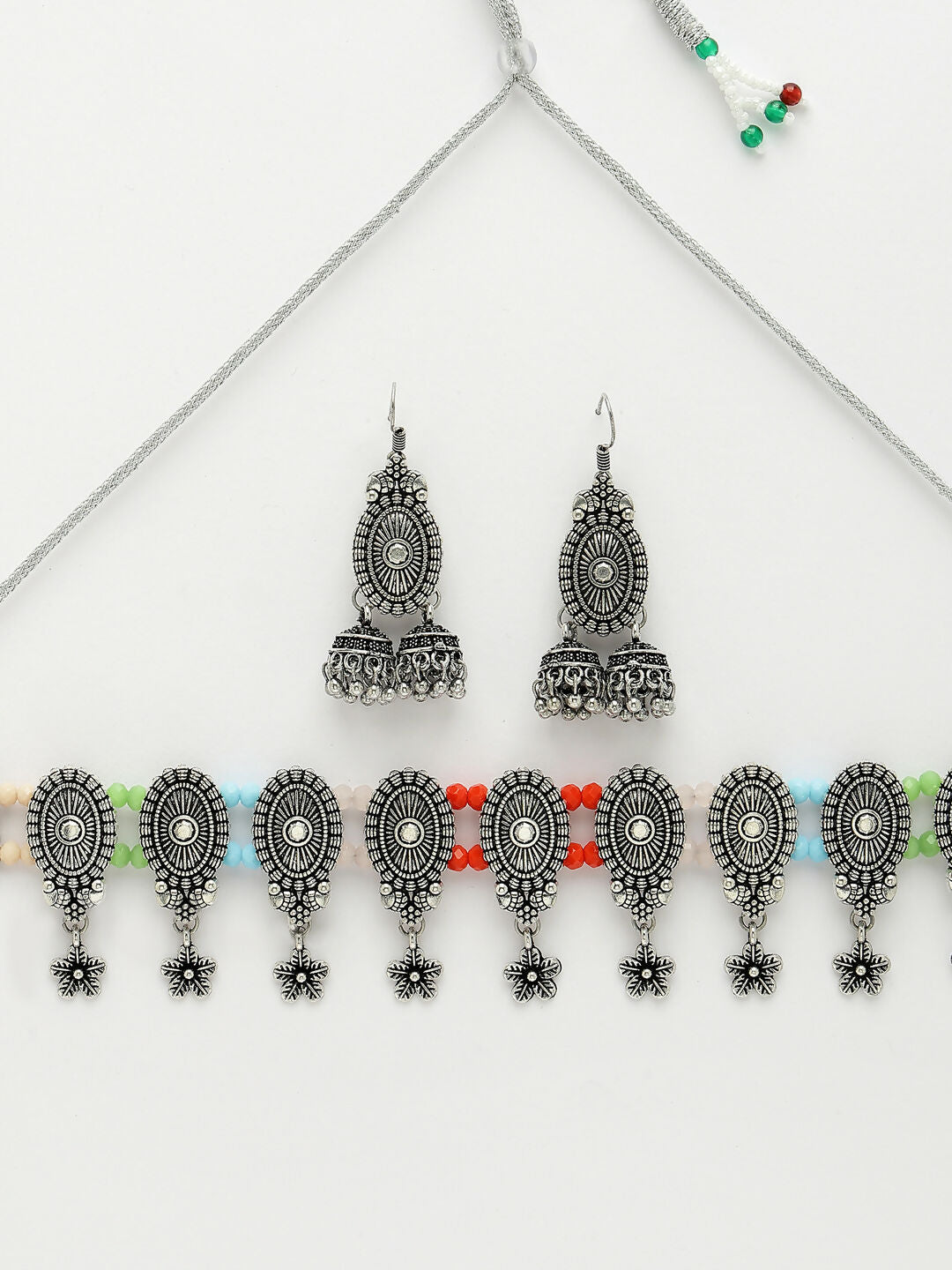 NVR Women's Silver-Plated Choke Oxidized Necklace with Jhumka Earrings | Grocsy
