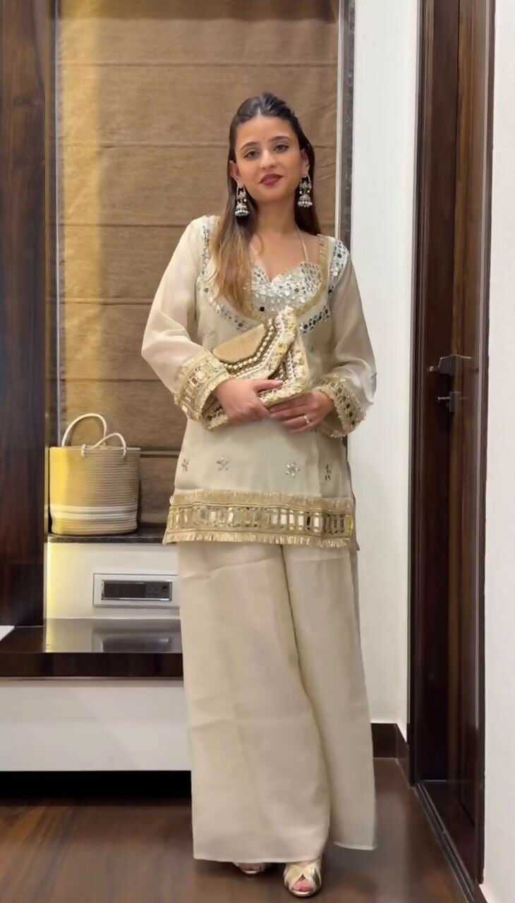 Teeya Creation New Trendy Stylish Real Mirror Work With Lace Border White Kurta Set | Grocsy
