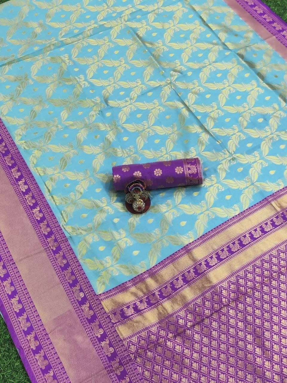 DEIANA'S Beautiful Designer Golden zari Soft Lichi Silk Saree - Sky | Grocsy
