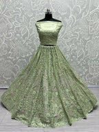 Jyoti Fashion Women's Pista Green Bridal Net Fancy Dori, Multi Thread, Hand Mirror and Diamond Work Wedding Lehenga Choli | Grocsy
