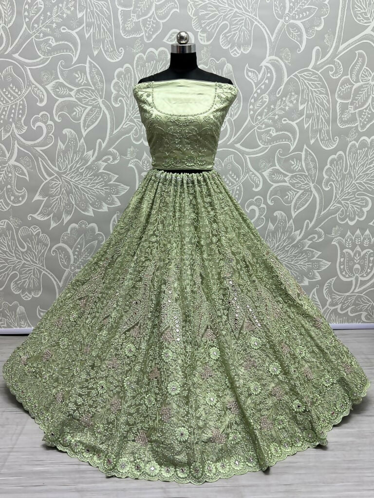 Jyoti Fashion Women's Pista Green Bridal Net Fancy Dori, Multi Thread, Hand Mirror and Diamond Work Wedding Lehenga Choli | Grocsy