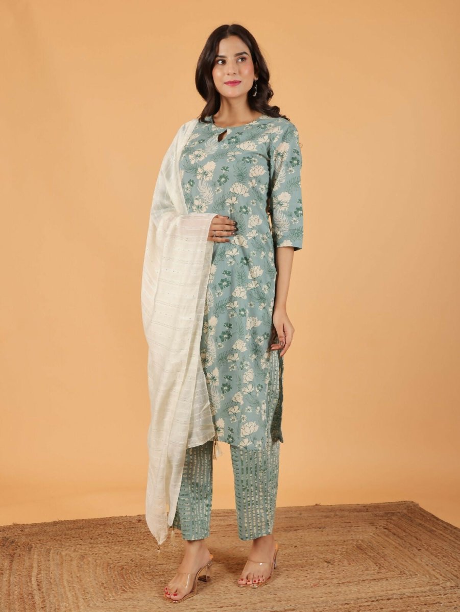 Aramya Straight Soft Cotton Floral Print Women's Kurta Set - Green | Grocsy
