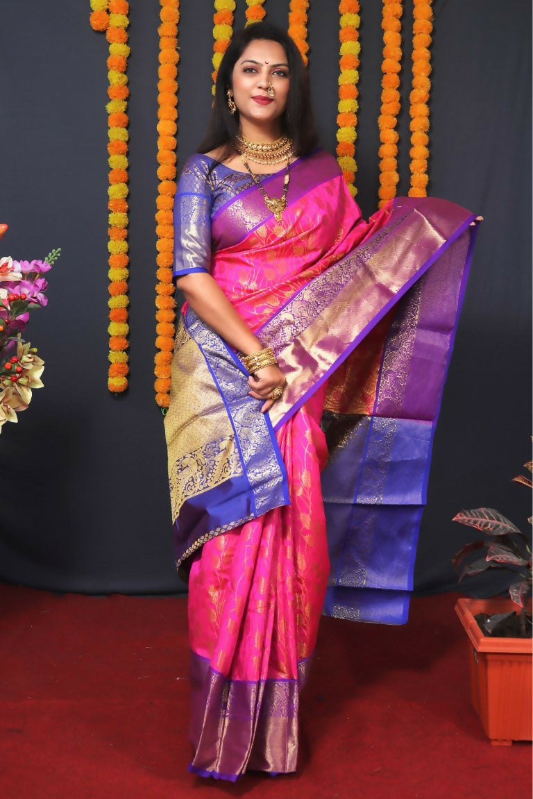 Jyoti Fashion Women's Pink Kanjivaram Silk Zari Woven Saree with Blouse | Grocsy
