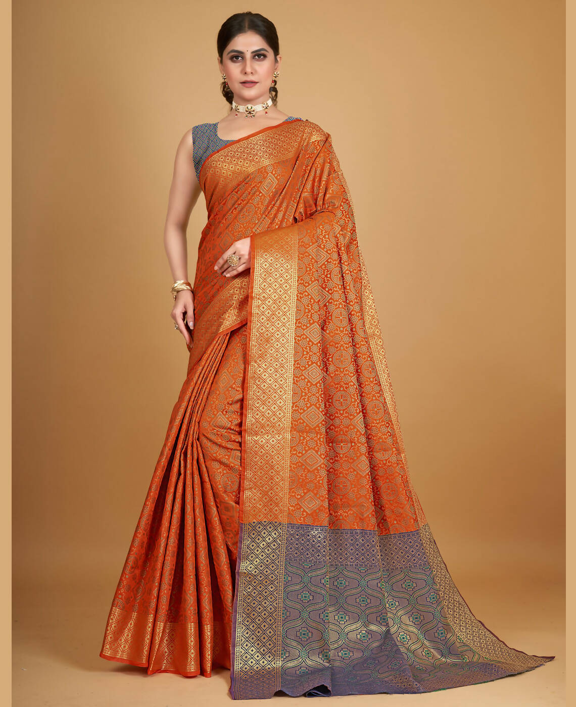 Orange Silk Woven Design Saree With Unstitched Blouse Piece - Akshita | Grocsy