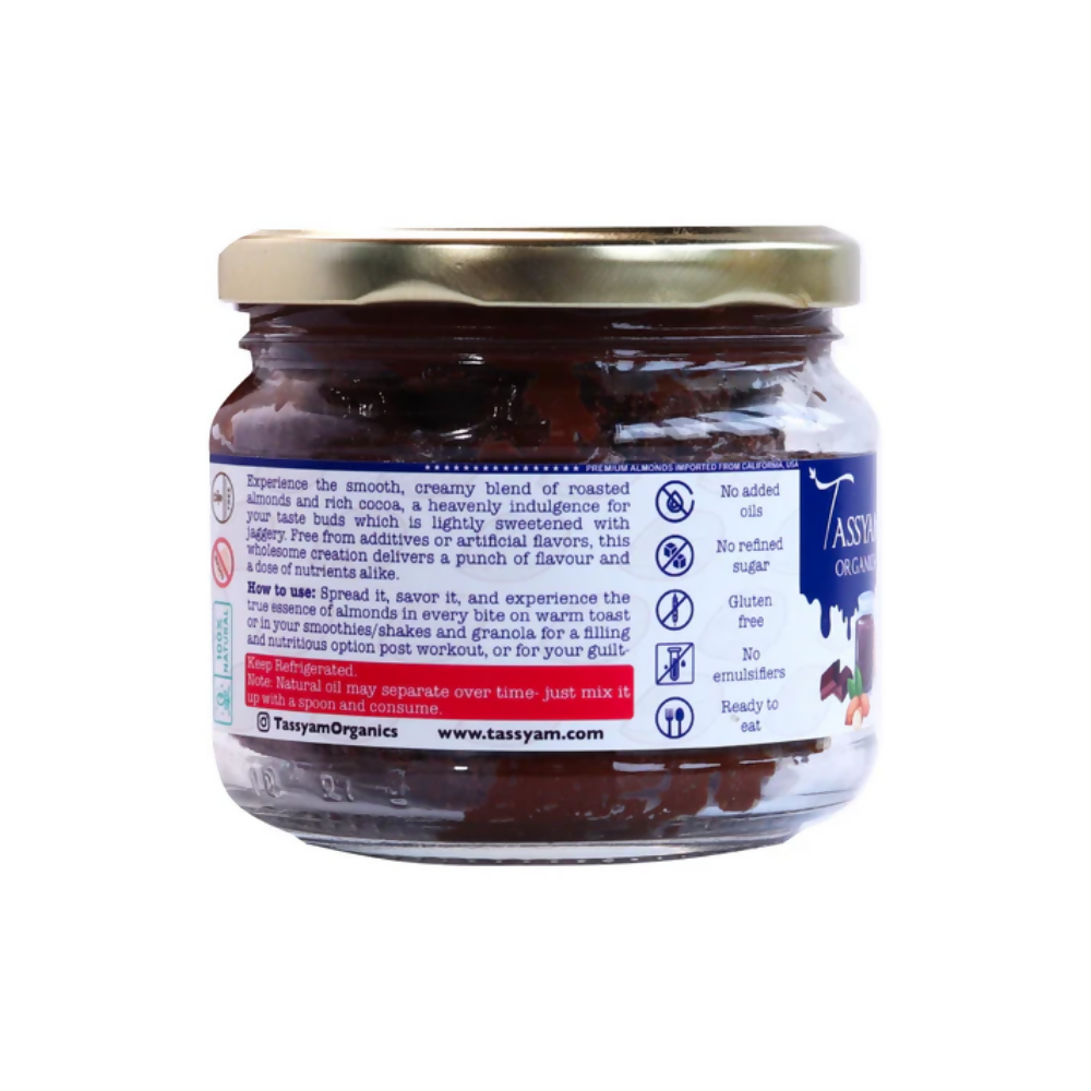 Tassyam Organics Rich Dark Chocolate Almond Spread | Grocsy