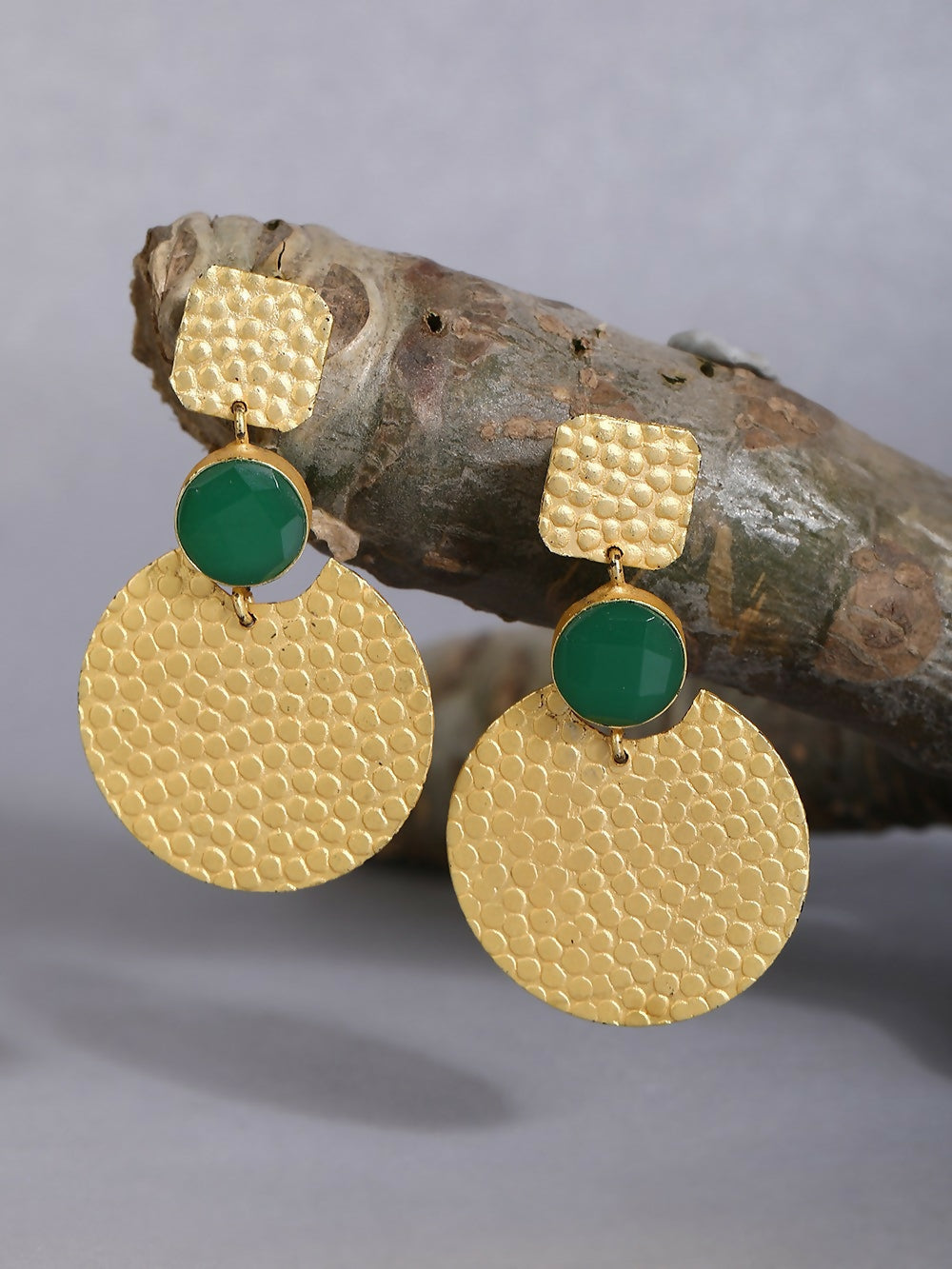 Joban Fashion Women Round Shape Green Stone Matte Gold Earrings | Grocsy