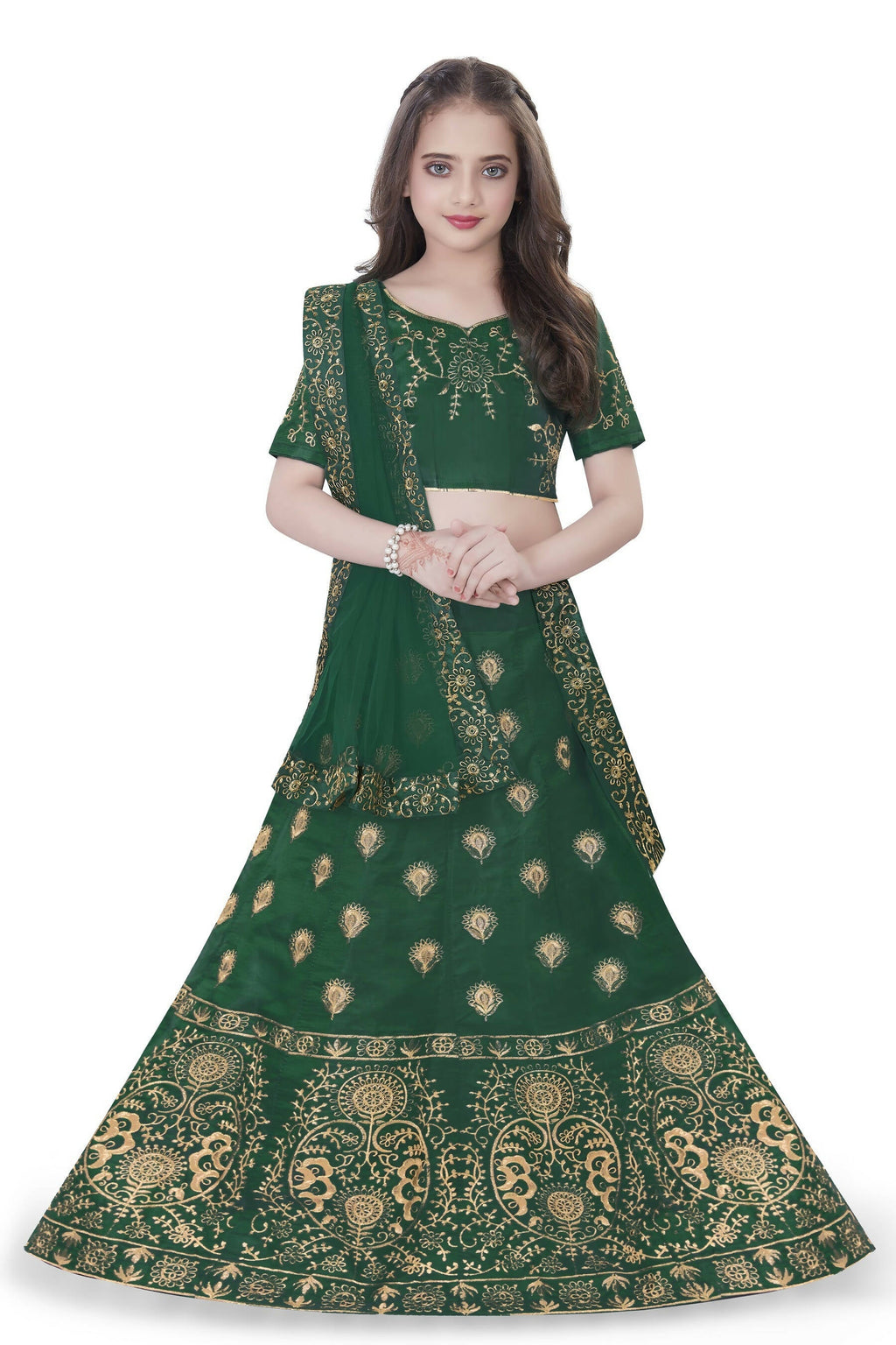 Dwiden Green Gulab Tafetta Sattin Semi-Stitched Girl'S Lehenga Choli | Grocsy