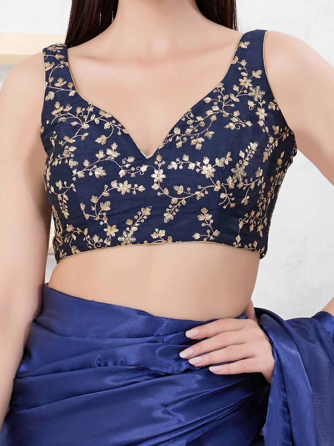 Joban Fashion Navy-Blue Mulberry Silk Sleeveless Back Open Blouse | Grocsy