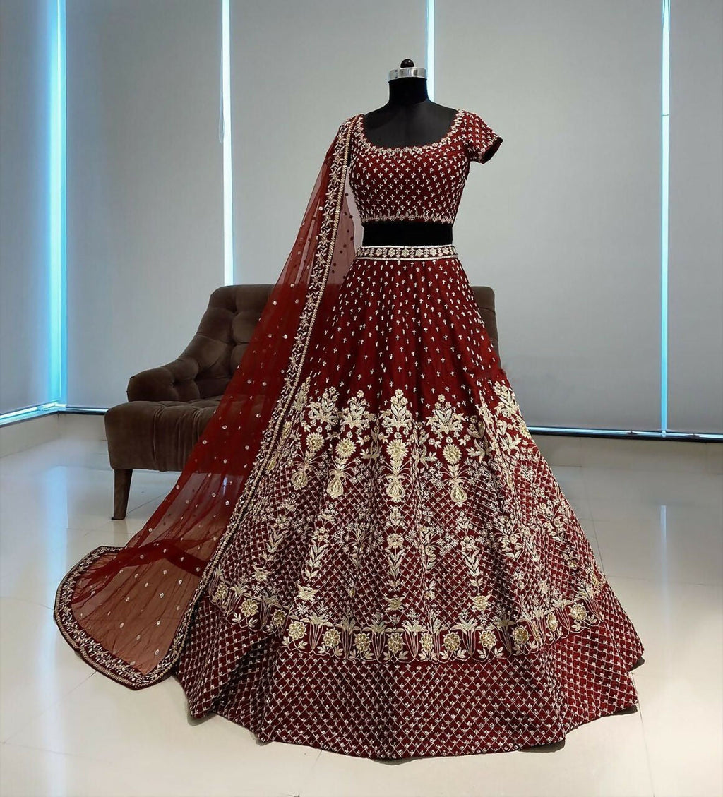 Jyoti Fashion Gorgeous Maroon Taffeta Satin Silk Sequins with Zari Thread & Coding Dori Embroidery Lehenga Choli with Dupatta | Grocsy