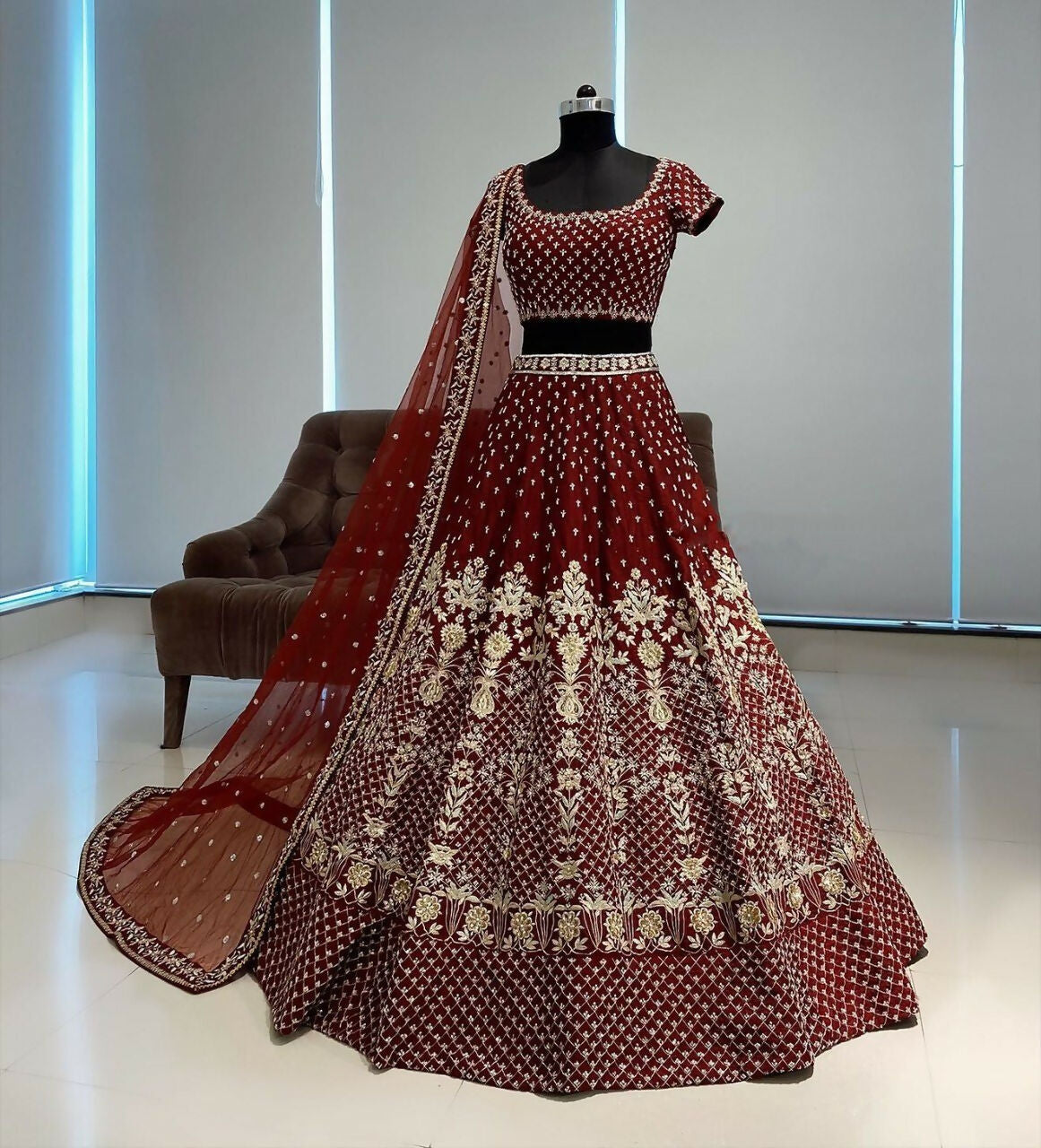 Jyoti Fashion Gorgeous Maroon Taffeta Satin Silk Sequins with Zari Thread & Coding Dori Embroidery Lehenga Choli with Dupatta | Grocsy