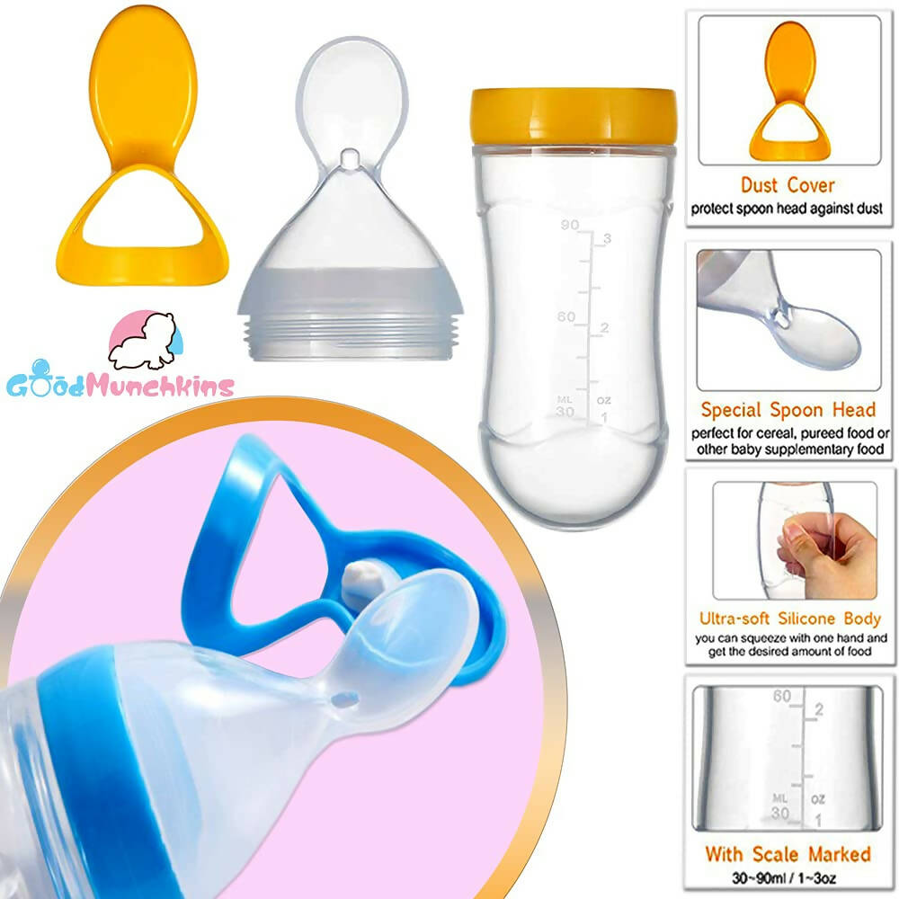 Goodmunchkins Stainless Steel Feeding Bottle & Spoon Food Feeder Anti Colic Silicone Nipple Combo-(Green,150ml) | Grocsy