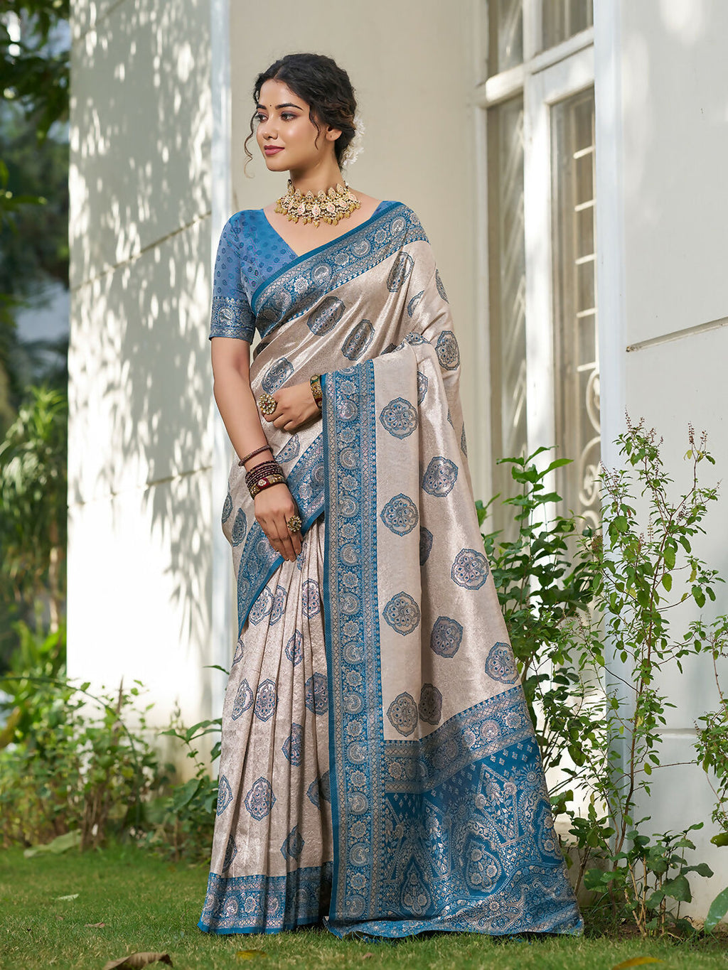 Shree Shyam Fashion Cream With Blue Silk Blend Saree | Grocsy