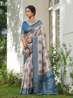 Shree Shyam Fashion Cream With Blue Silk Blend Saree | Grocsy