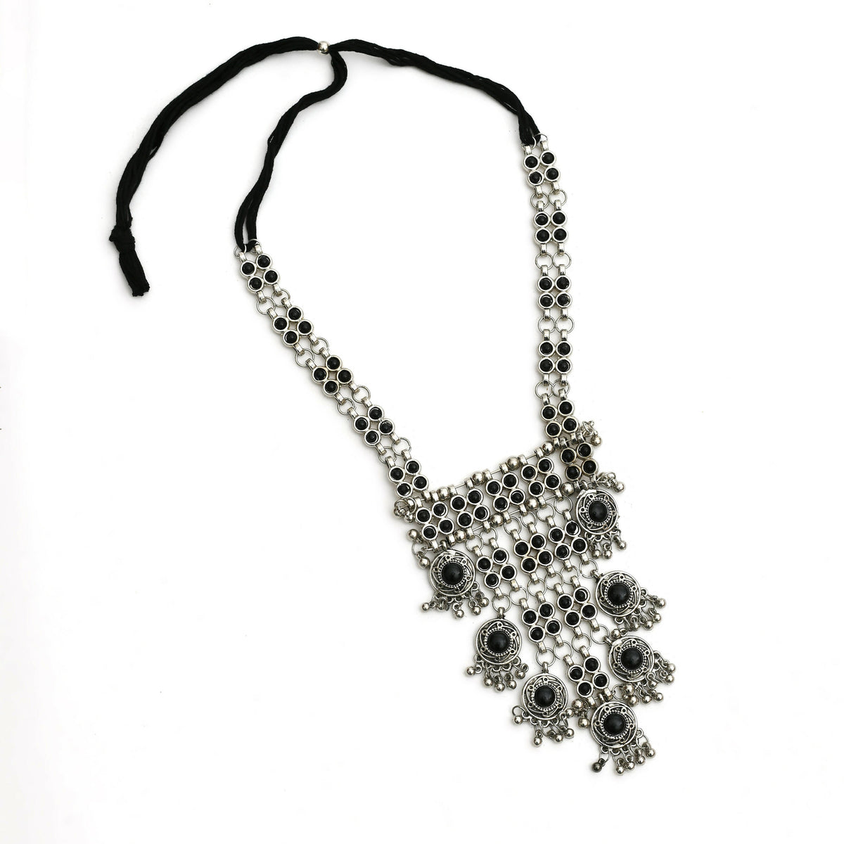 Mominos Fashion Johar Kamal Oxidised Silver-Plated Brass Finish Black Kundan Afghani Long Necklace For Women | Grocsy
