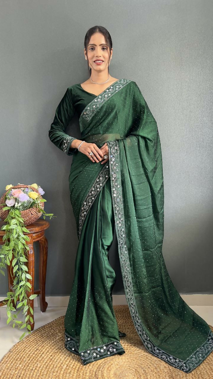 Vastranavya Green Rangoli Silk Real Mirror work with Swarovski work Ready to Wear Saree | Grocsy