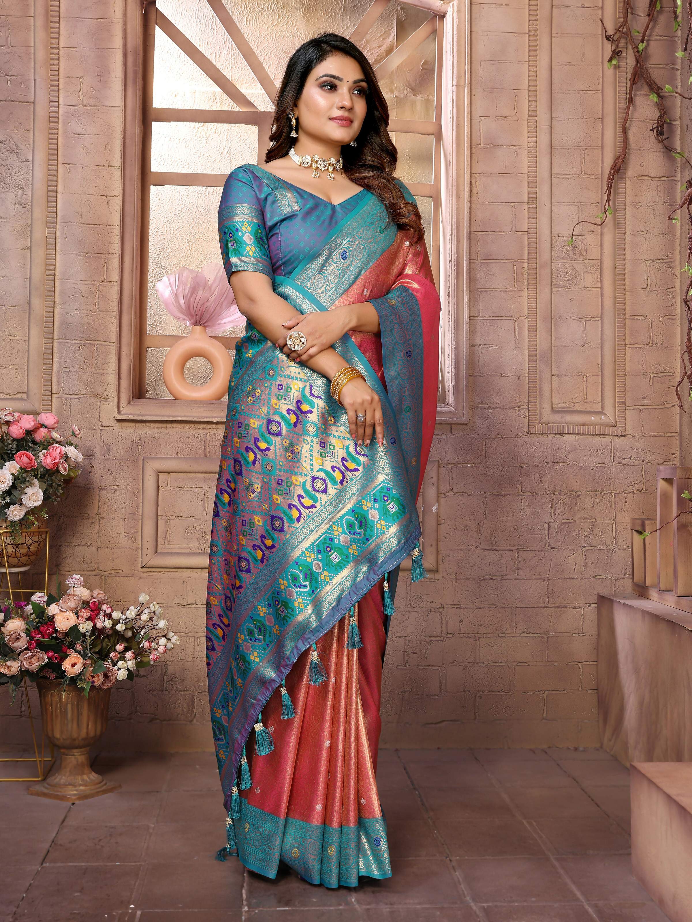 Aastha Fashion Red Banarasi Tissue Silk Weaving Saree | Grocsy