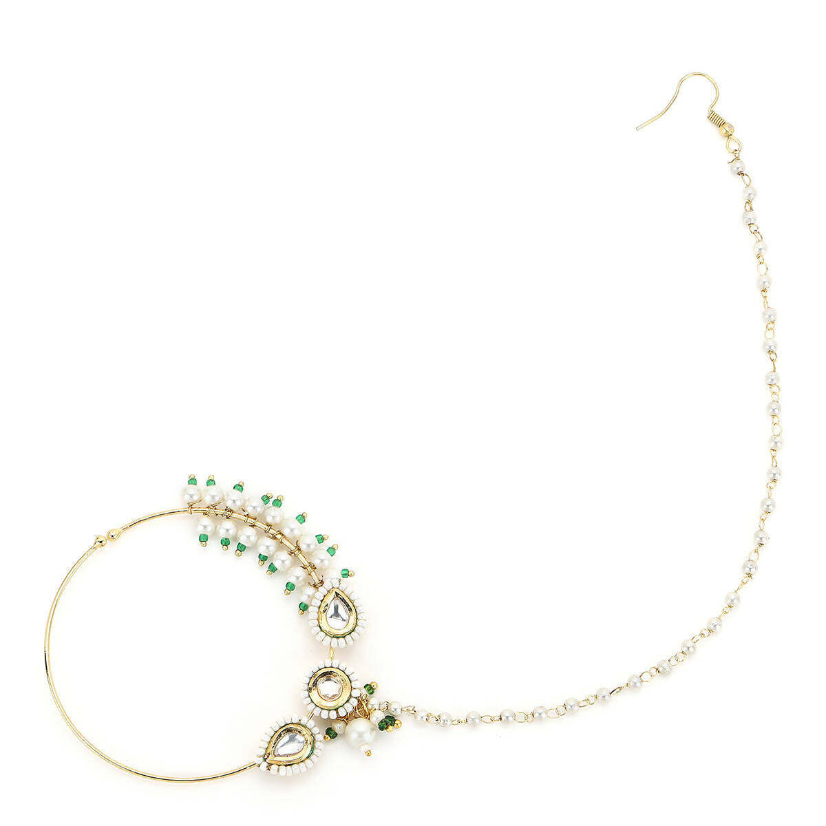 Gold-Polished White Kundan Studded Pearl Beaded Nose Pin - Ruby Raang | Grocsy