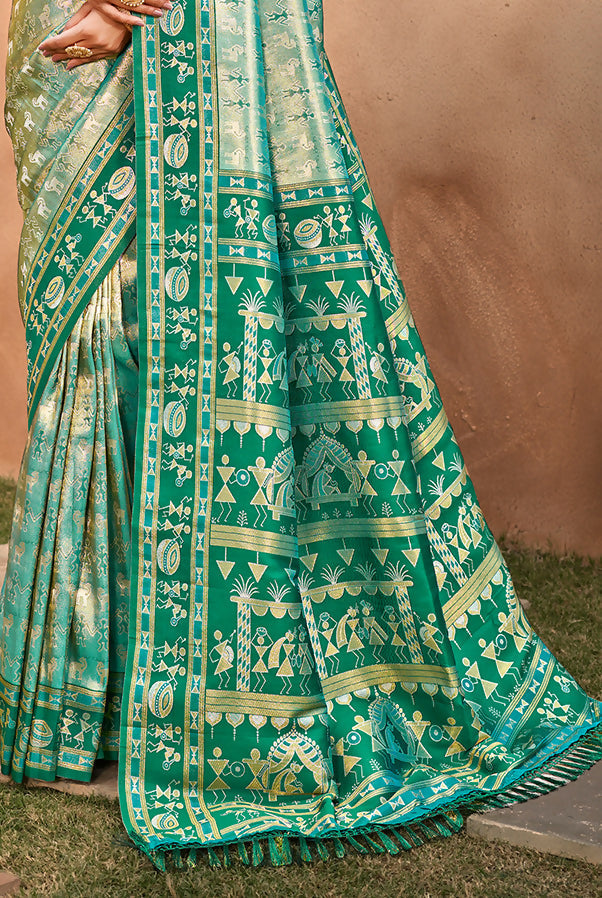 Sangam Prints Sea Green Kanjivaram Silk Woven Work Traditional Saree | Grocsy