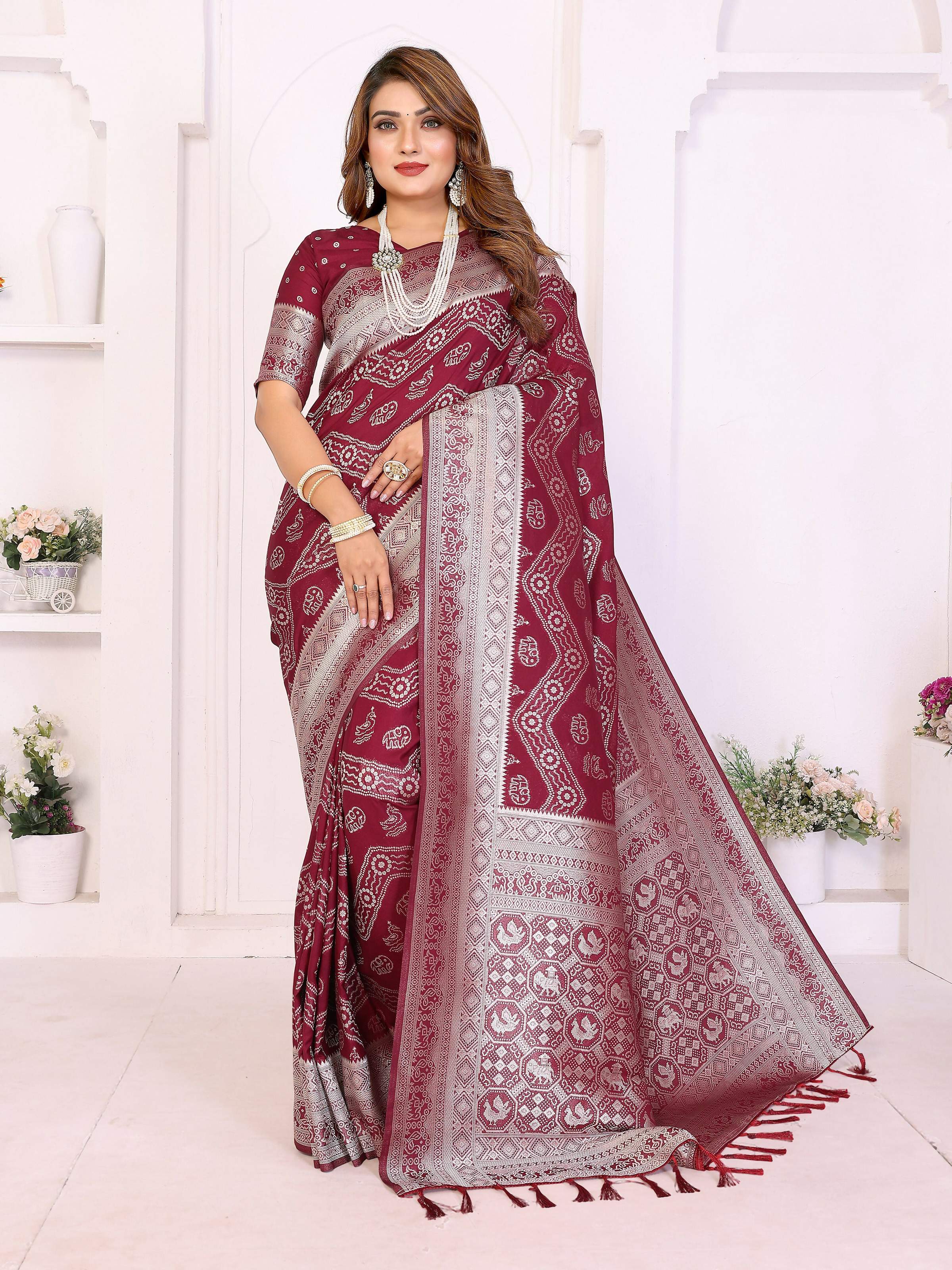 Aastha Fashion Maroon Georgette Silk Leheriya With Elegant Zari Weaving Saree | Grocsy