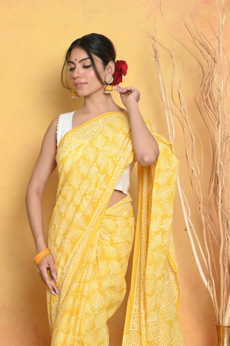 Very Much Indian Handblock Printed Cotton Saree With Natural Dyes - Yellow | Grocsy