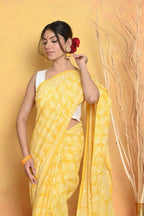 Very Much Indian Handblock Printed Cotton Saree With Natural Dyes - Yellow | Grocsy