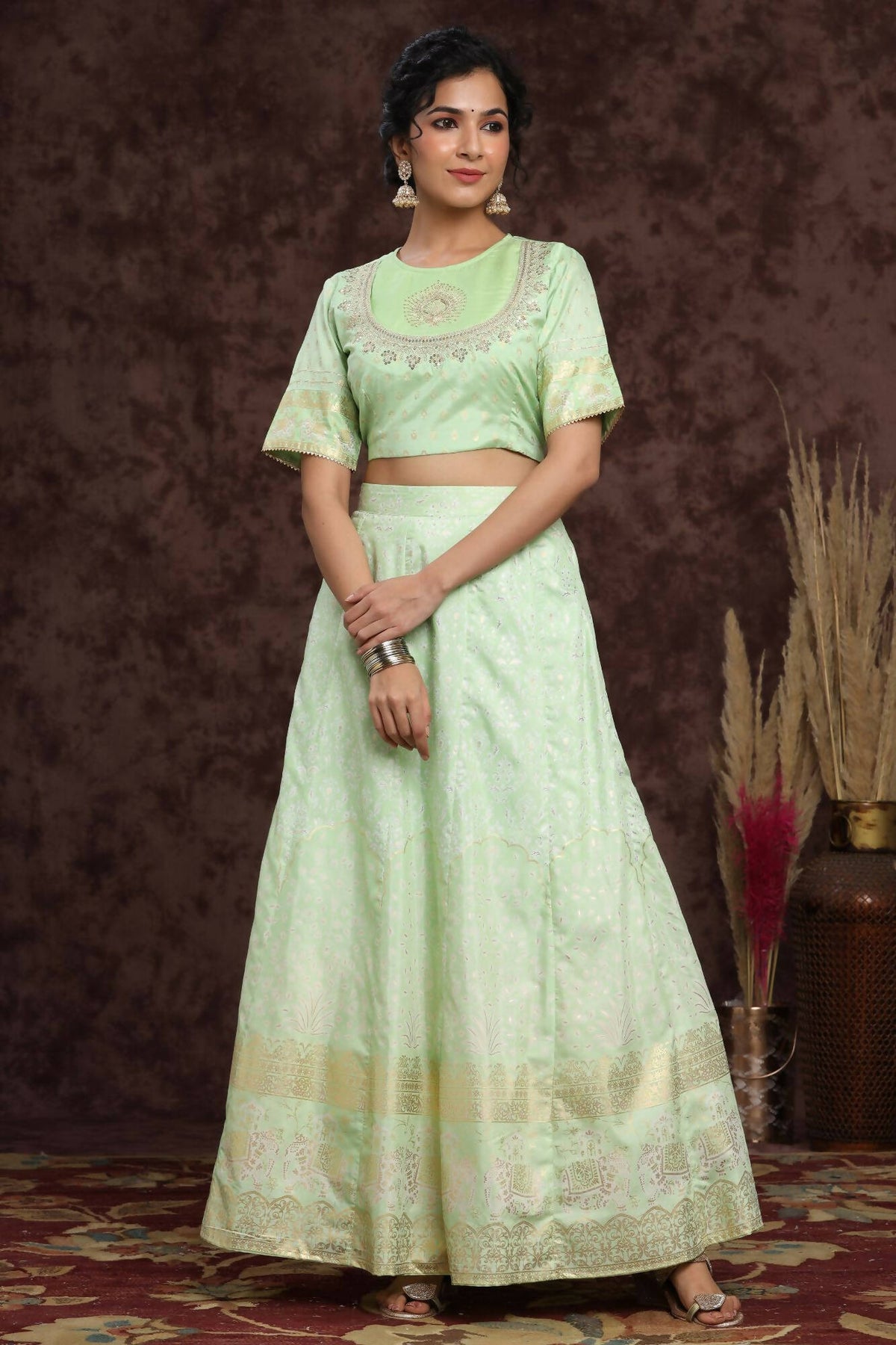 Juniper Women Mint Shantoon Embroidered Flared Lehenga Choli Sets | Grocsy