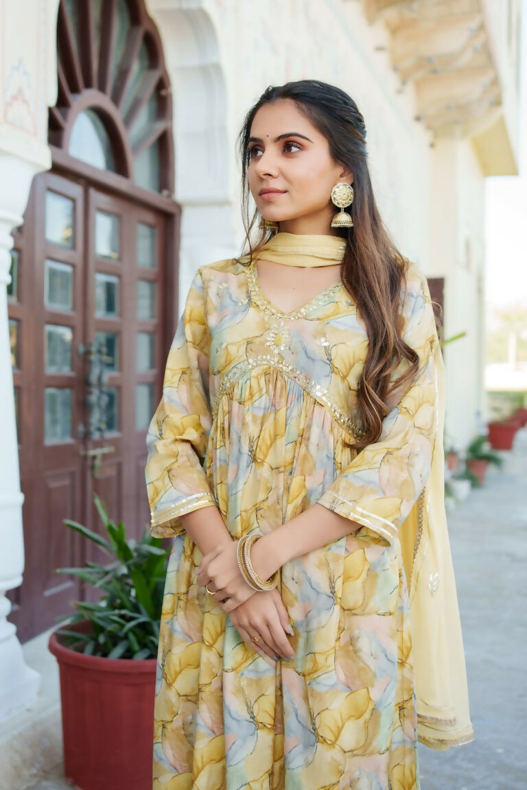 Vaasva Women Yellow Muslin Embroidered Kurta, Pant & Dupatta Set | Grocsy