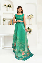 Joban Fashion Rama Green Floral Linen Ready To Wear Saree With Unstitched Blouse | Grocsy