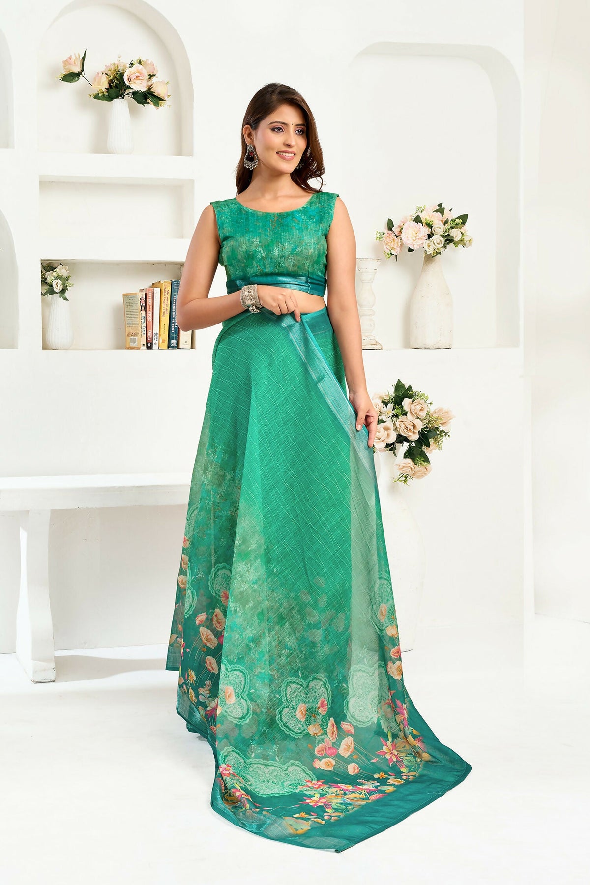 Joban Fashion Rama Green Floral Linen Ready To Wear Saree With Unstitched Blouse | Grocsy