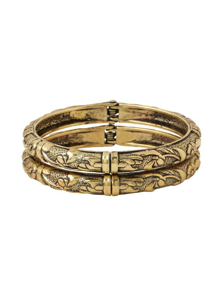 NVR Women Set of 2 Gold-Polished Floral Design Oxidised Bangles