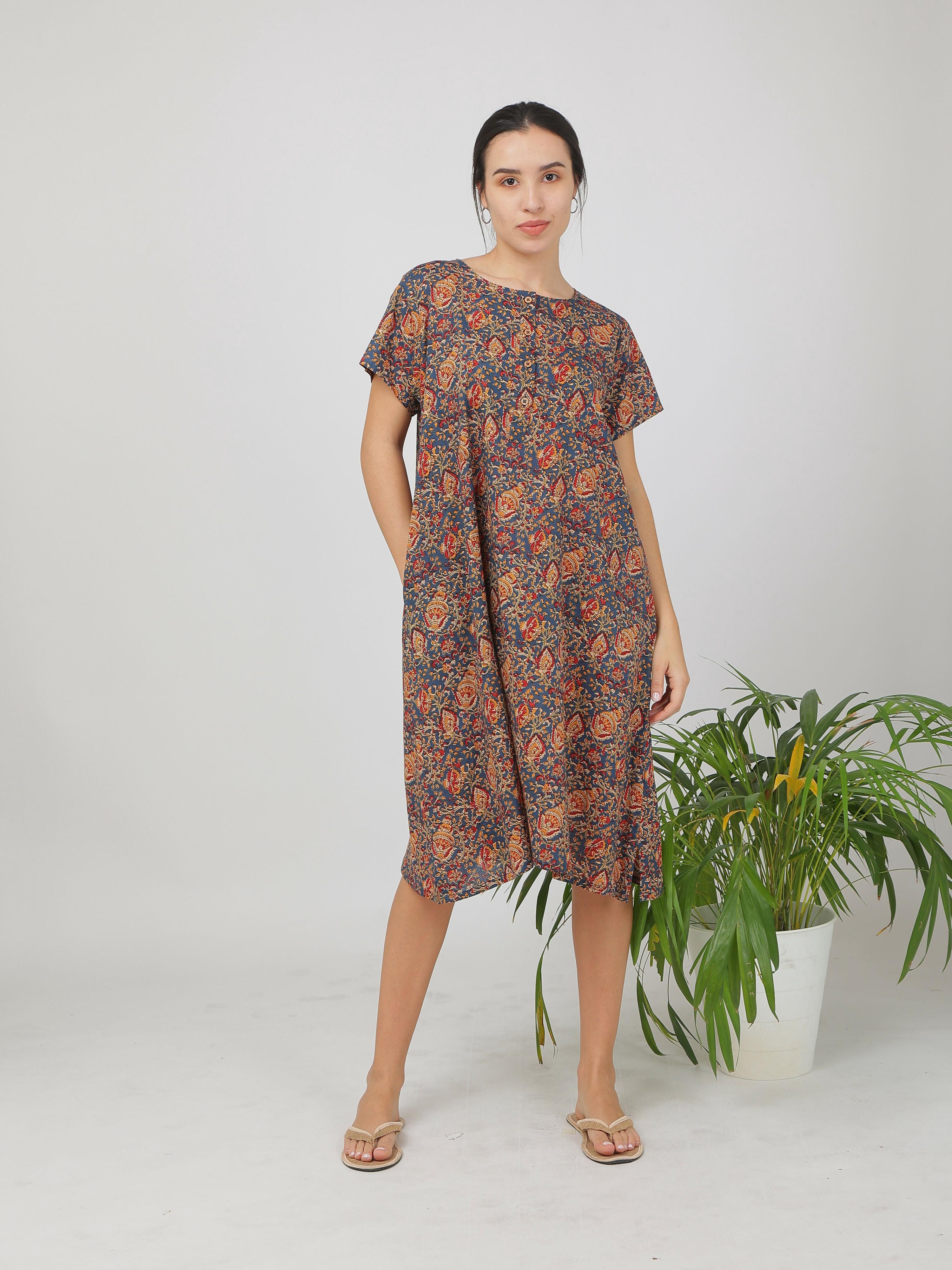 Breathables Women Cotton Printed Loungewear Nightie Blue I Night Wear | Nighty | Jaipuri Print | Grocsy