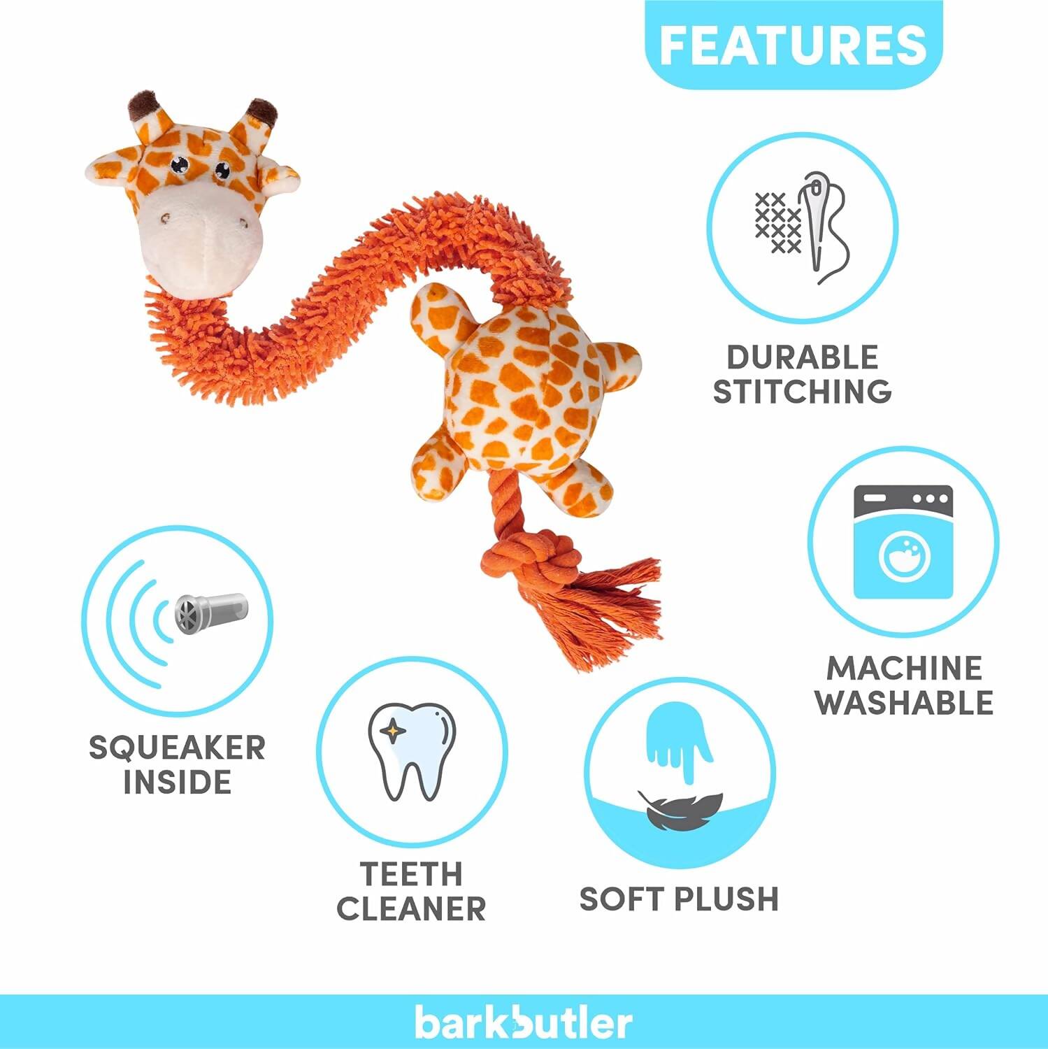 BarkButler Garry The Giraffe Soft Squeaky Plush Dog Toy - Orange | Grocsy