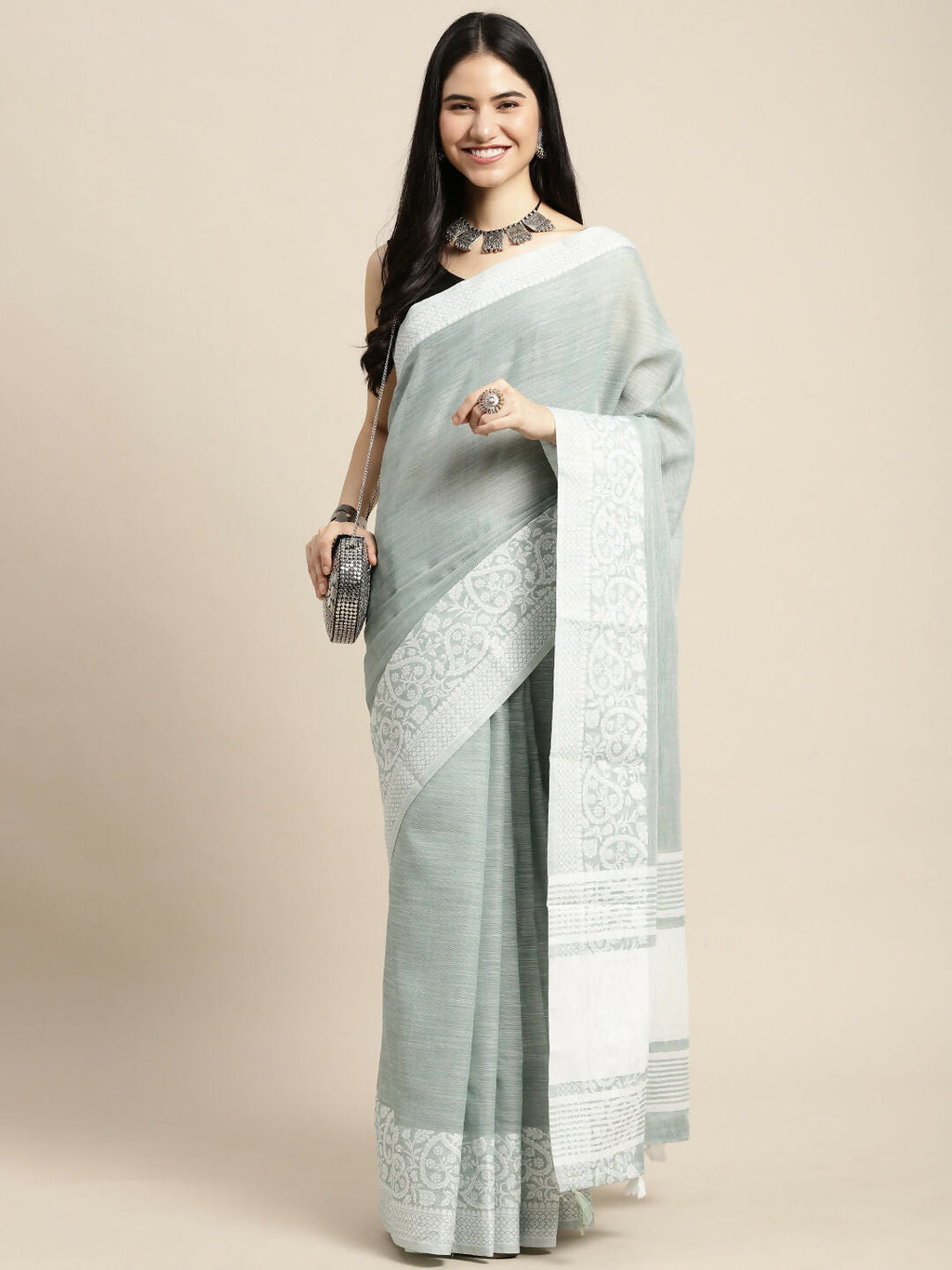 Shree Shyam Fashion Linen Sea Green Saree | Grocsy