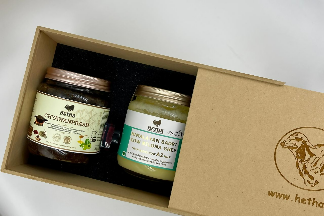 Hetha Gift Box with Himalayan Badri Cow A2 Cultured Bilona Ghee, Chyawanprash, Honey & Lip Balm | Grocsy