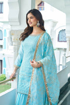 Teeya Creation Sky Color Chinon Silk Heavy Embroidery Work Fully Stitched Salwar Suit | Grocsy