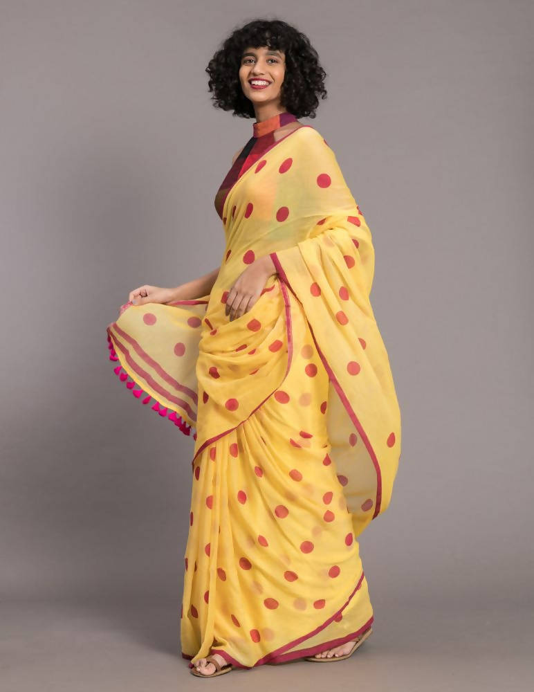 Suta Yellow Pink Polka Printed Pure Cotton Saree | Grocsy