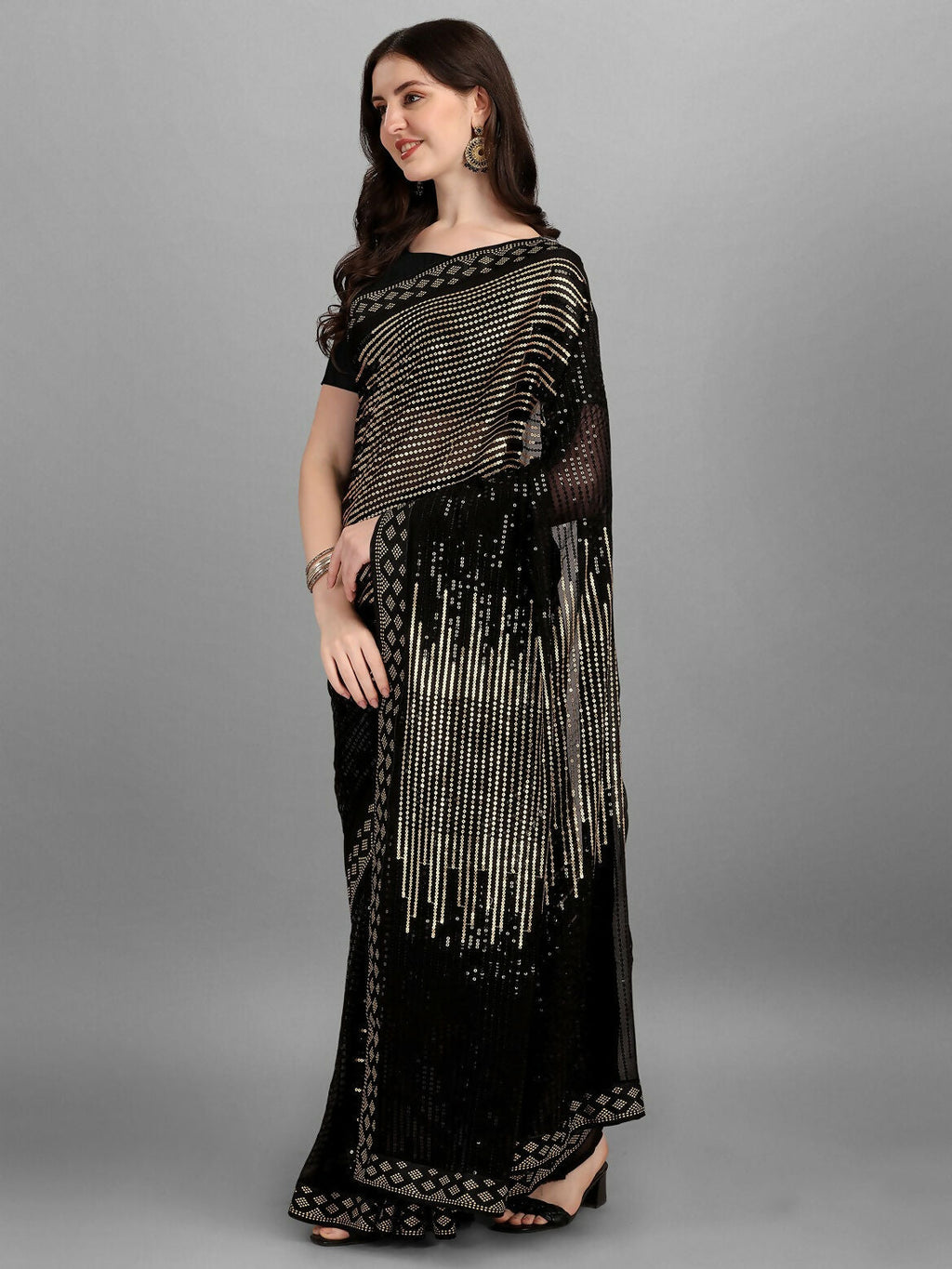 Vegaa Fashion Black Georgette Embroidered Party Wear Saree | Grocsy