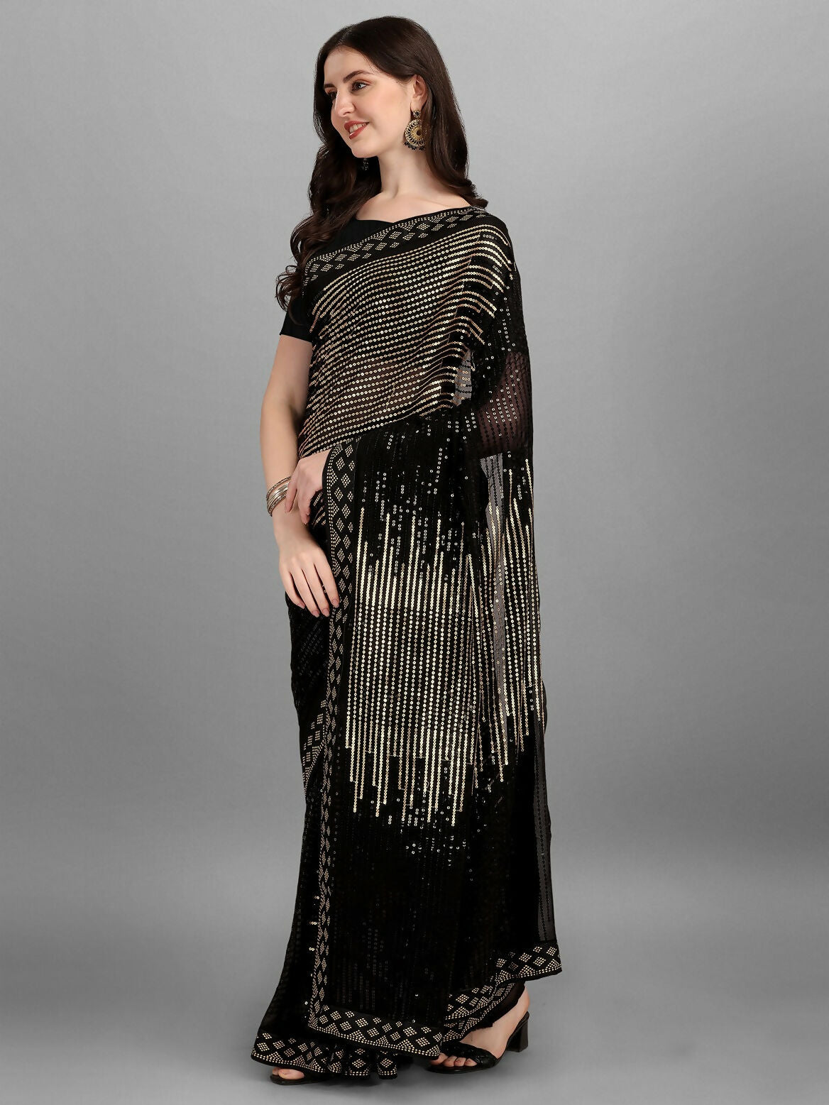 Vegaa Fashion Black Georgette Embroidered Party Wear Saree | Grocsy