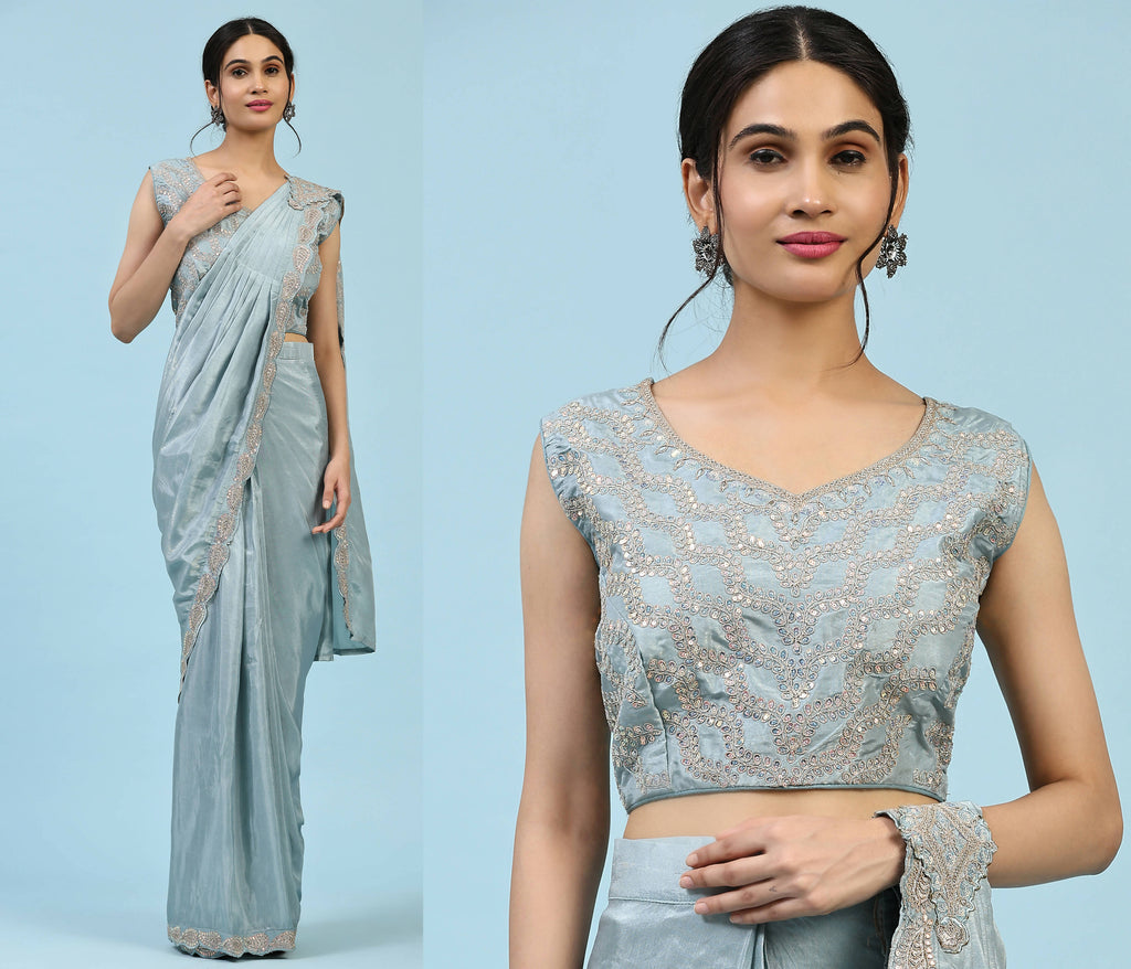 Sky Blue Silk Satin Plain Ready to wear Saree with stitched Blouse - Vrinda | Grocsy