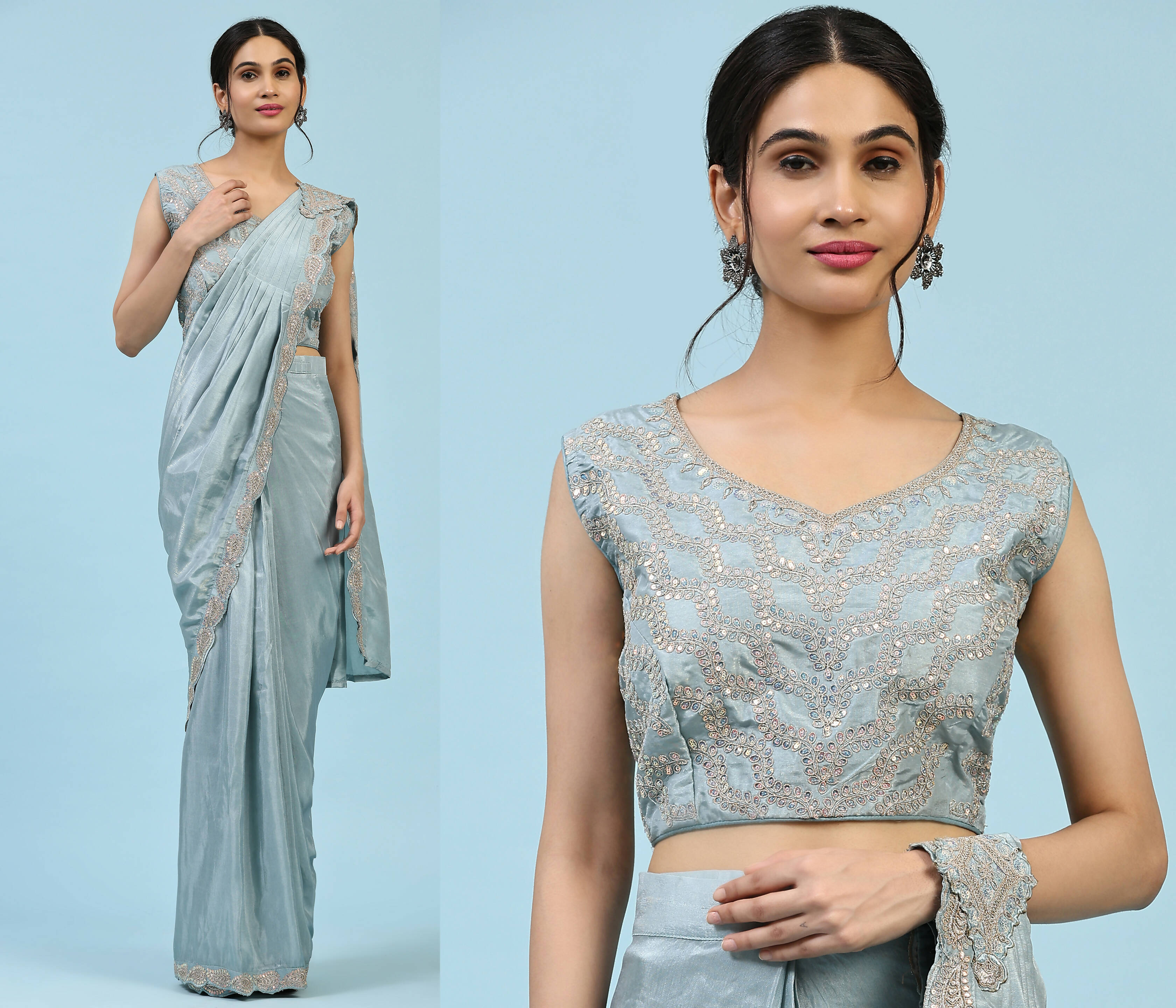 Sky Blue Silk Satin Plain Ready to wear Saree with stitched Blouse - Vrinda | Grocsy