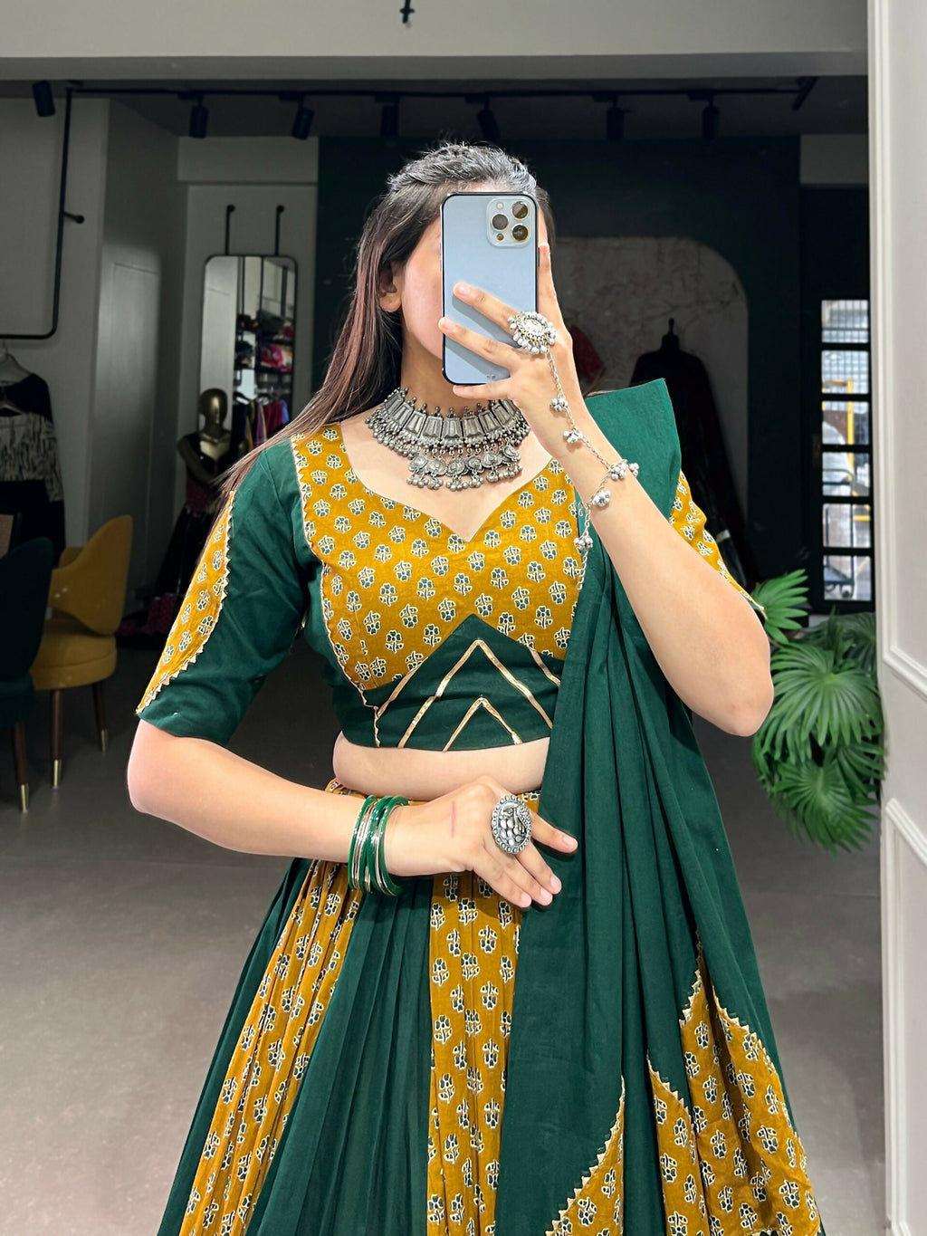 Vastranavya Navaratri Special Pure Cotton Printed With Cowrie (Kodi) Lace Touch Up Lehenga with Stitched Blouse - Green | Grocsy