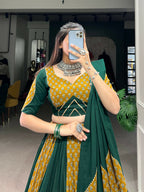 Vastranavya Navaratri Special Pure Cotton Printed With Cowrie (Kodi) Lace Touch Up Lehenga with Stitched Blouse - Green | Grocsy