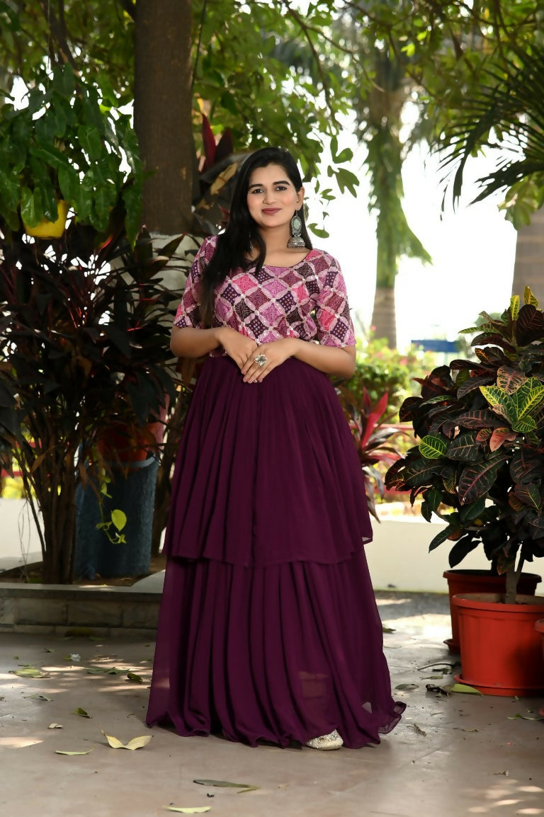 Jyoti Fashion Women's Wine Printed with Sequins Faux Blooming Anarkali Dress | Grocsy