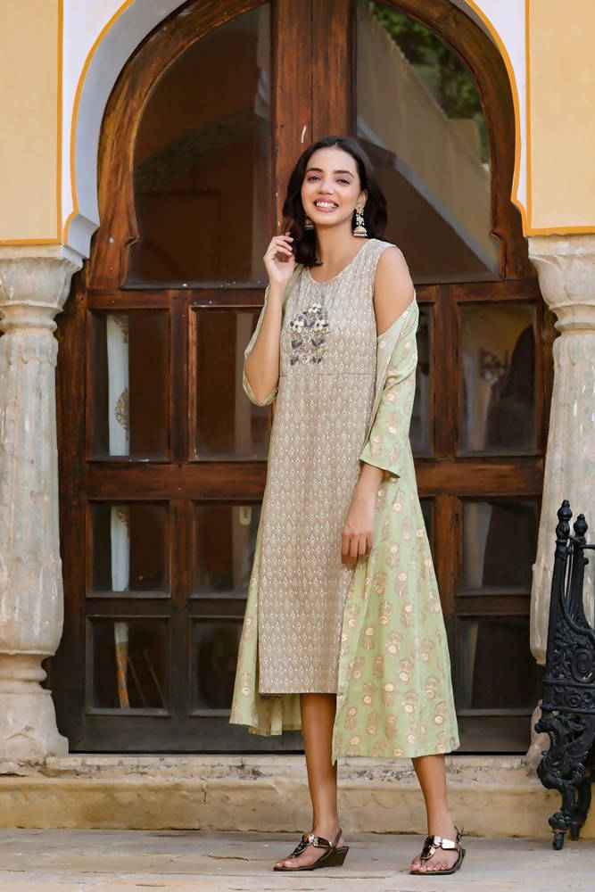 Yufta Green Printed and Embroidered Dress | Grocsy